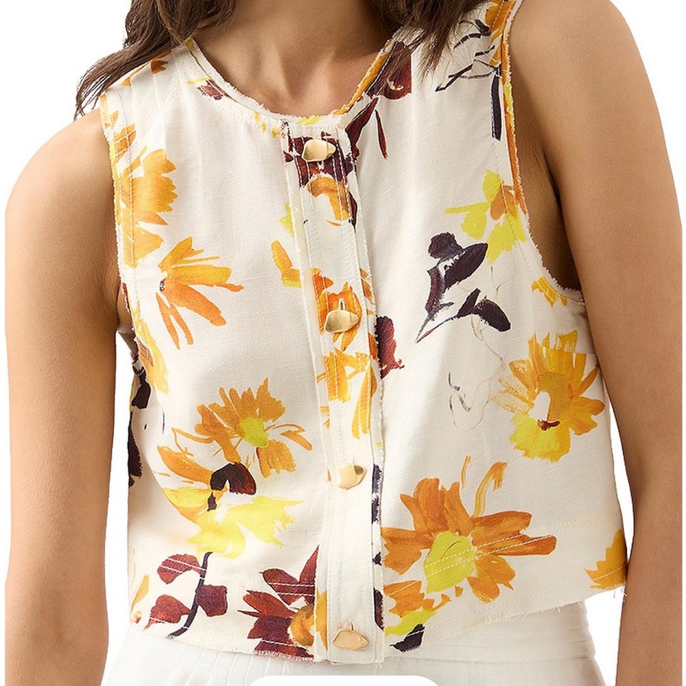 Aje Floral Sleeveless Button-Front Crop Top in Cream, Yellow and Orange